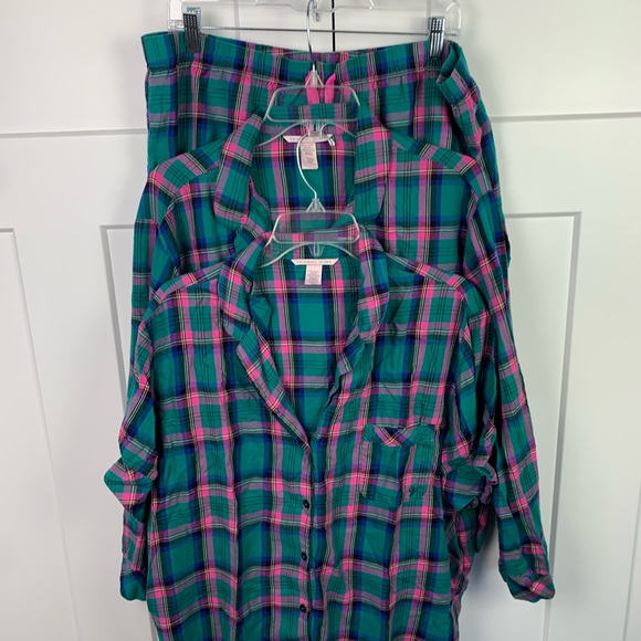 Victorias Secret XL 3 Piece Pajama Set Shorts Button Front Green Pink Plaid - Picture 2 of 11